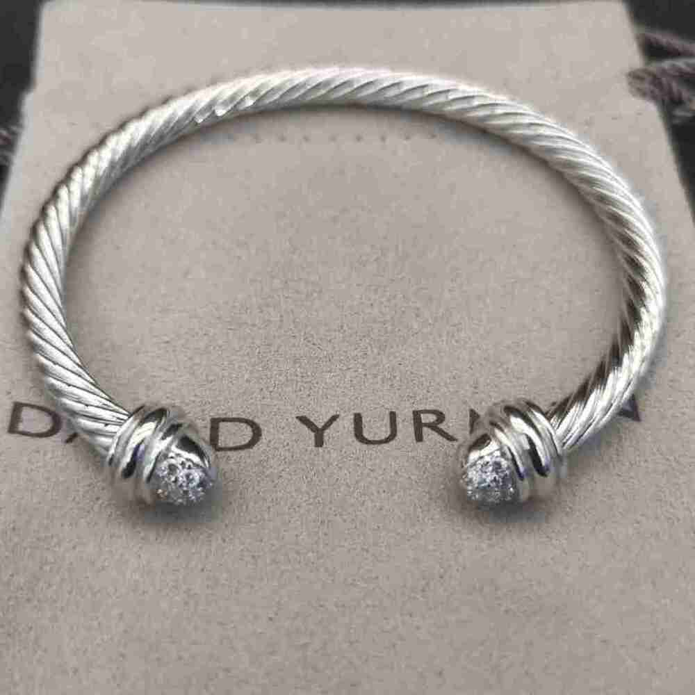David Yurman Cable Classic Cuff Bracelet Pave Diamond Tip Silver Tone Unisex